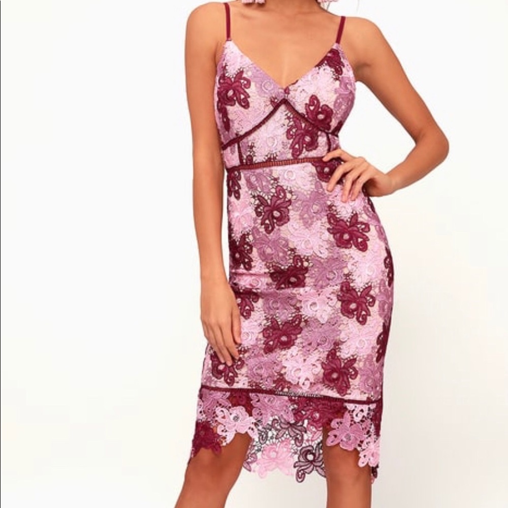 Lulus pink/mauve/purple bodicon lace midi dress